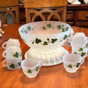 Vintage Frosted Glass Punch Bowl Set with Green Ivy Design- 12 cups